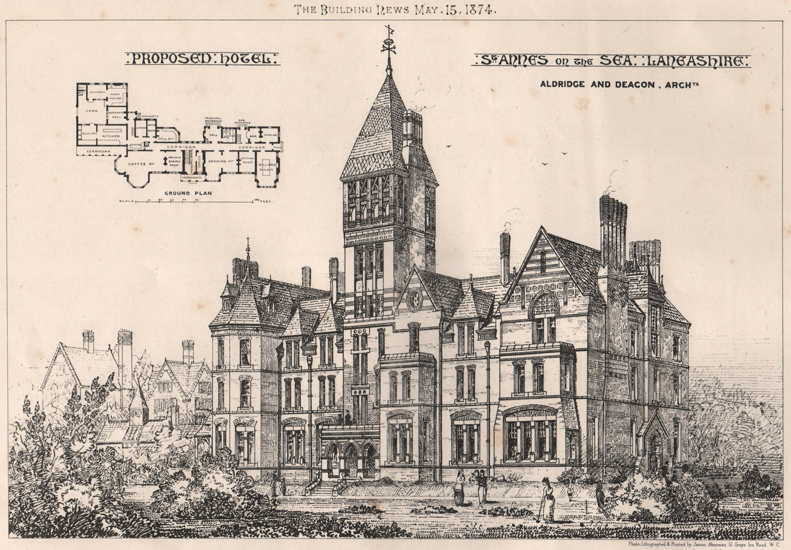 Proposed hotel; St. Annes on the Sea, Lancashire; Aldridge & Deacon 1874 print